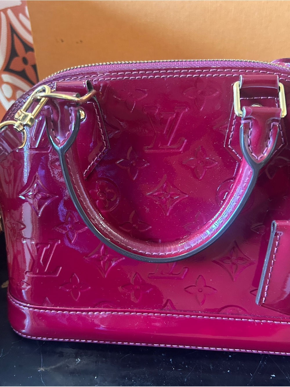 Louis Vuitton Patent Vernis Alma BB raspberry